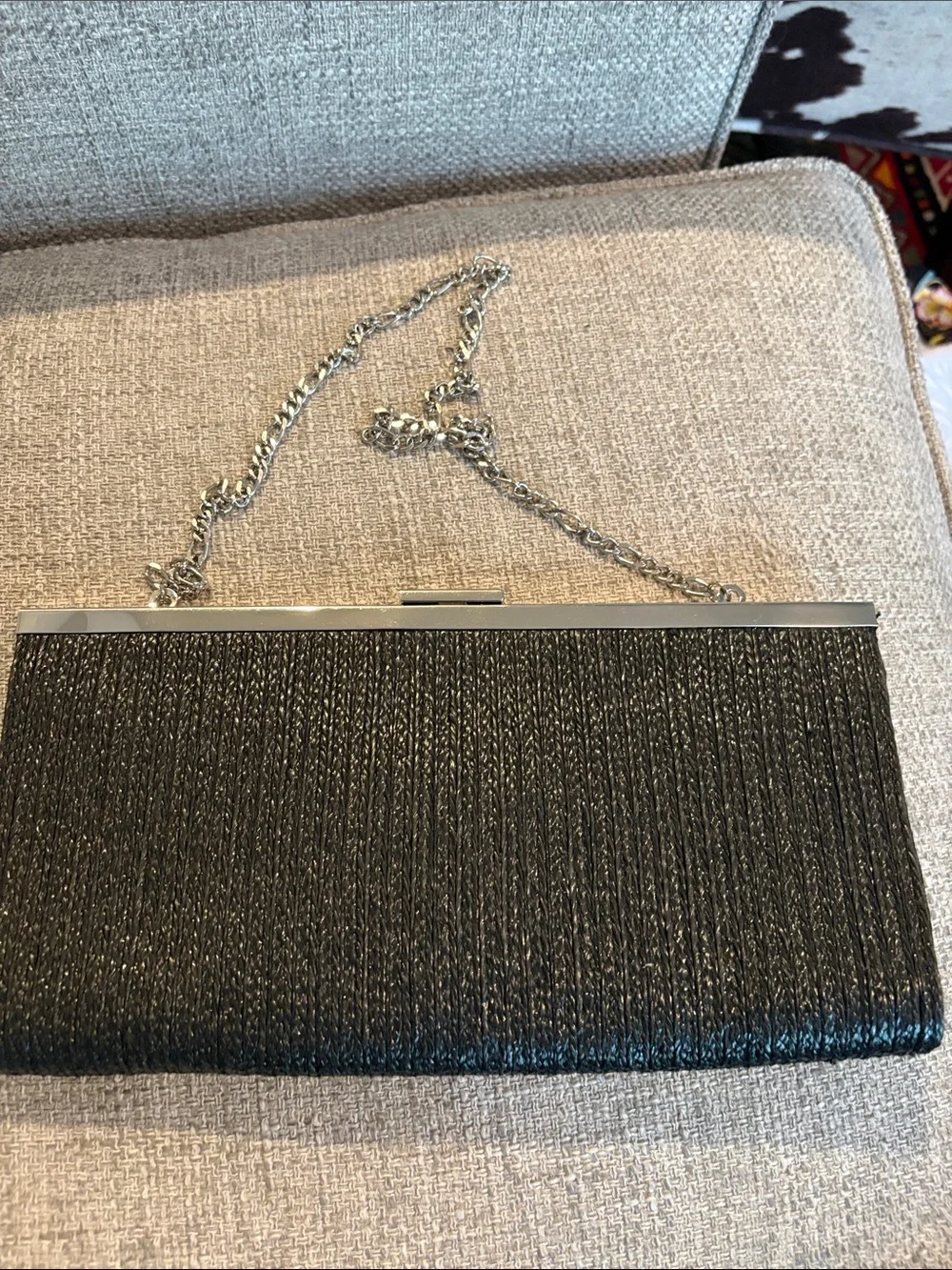 White House Black Market Black Embellished Evening Clutch with Silver Chain